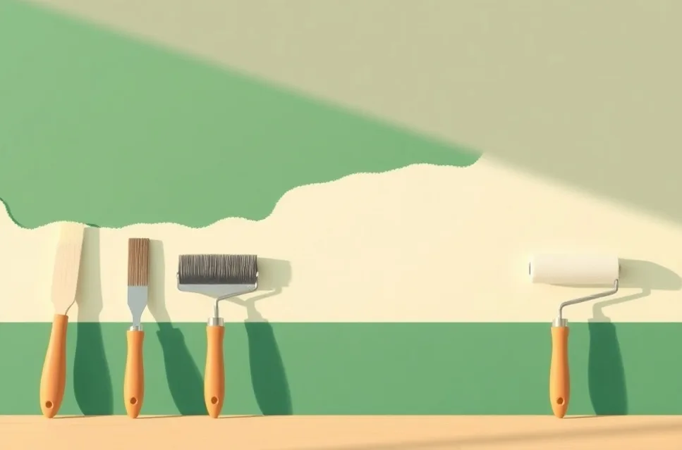 Outils de peinture disposés dans l'ordre des étapes du chantier