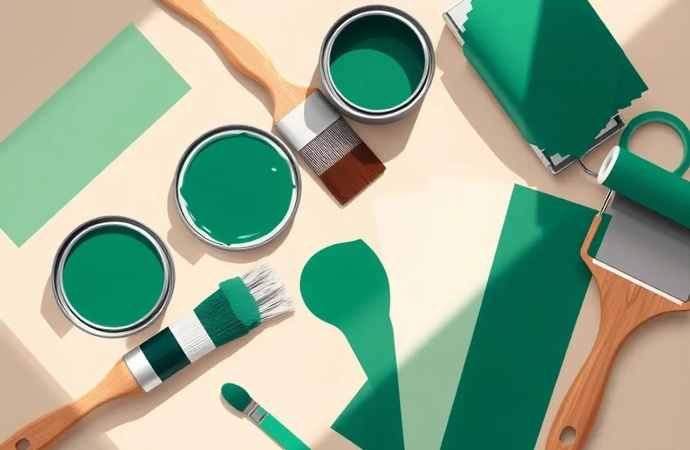 Pots de peinture, nuancier, brosses et rouleaux disposés à plat