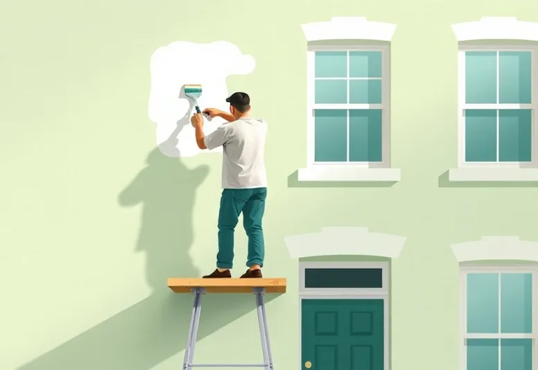 Peintre sur échafaudage traitant la façade d'une maison